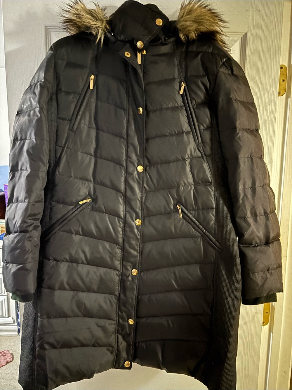 Michael Kors Black Quilted Long Puffer Coat with Faux Fur Trim